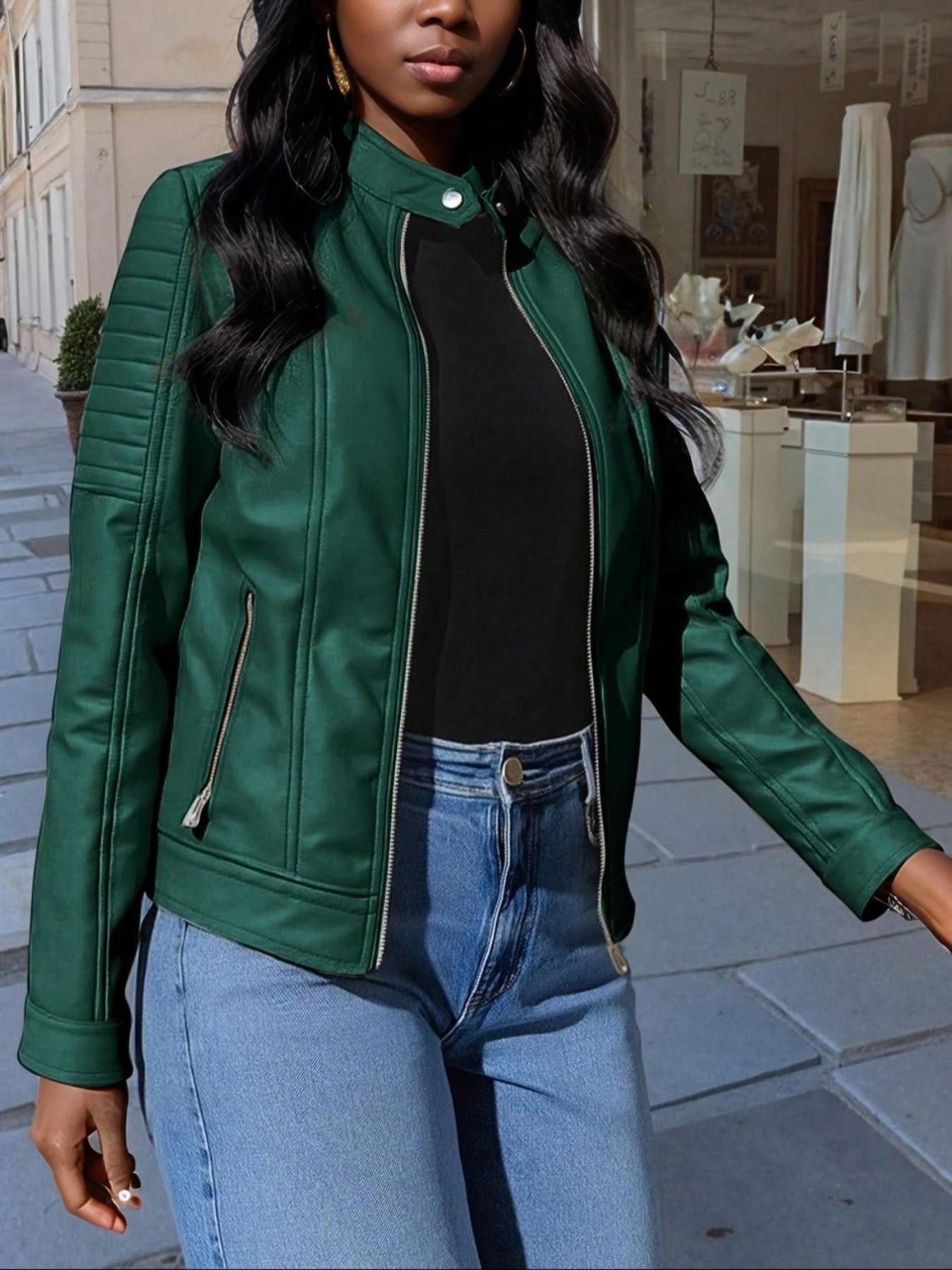 Giolshon Women's Vintage PU Jacket for All Seasons, Casual Fitted Outdoor Commute & Date Wear, Stylish Plaid & Plain Designs