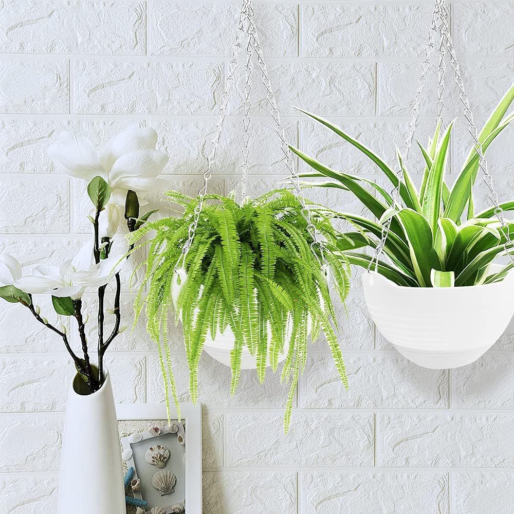 4-Pack 8-in Self-Watering Hanging Planter Pots, Round Hanging Baskets with Metal Chain & Water Tray, Space Saving Wall Plant Holders for Indoor Outdoor Garden Decor, White, Space Saving Planter, Porch Planters