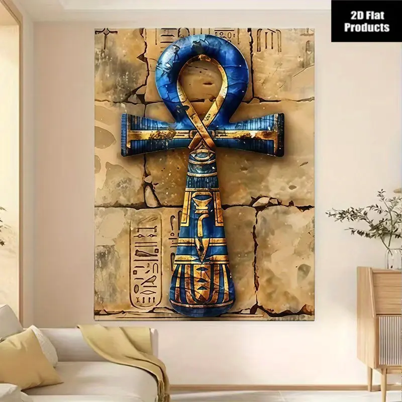 1pc Retro Ethnic Ancient Egyptian Ankh Symbol Wall Art - 2D Flat Golden Hieroglyphic Design Wrapped Canvas Print on Scratch Resistant Wood Frame, Wall Decor Aesthetic Indoor Use Multi-Size Home Decor Poster & Print