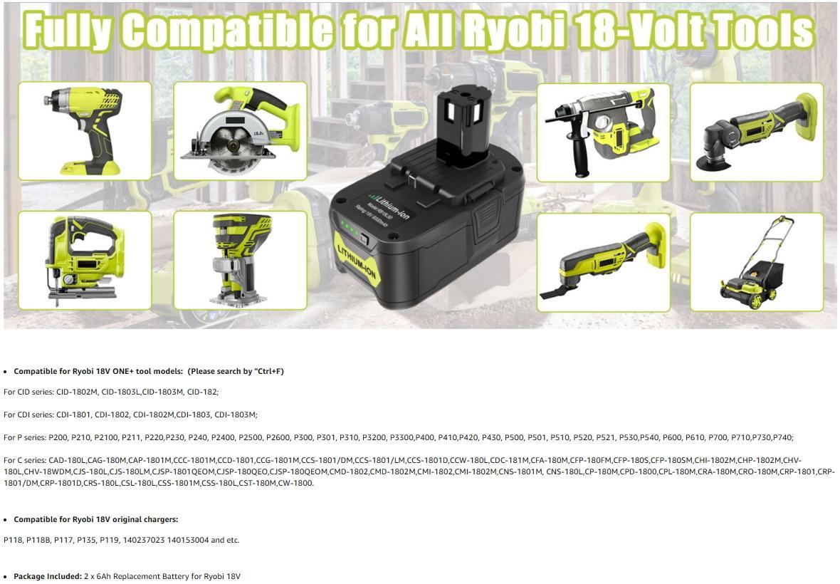 2 Packs 6Ah/8Ah Lithium-ion Replacement Battery for Ryobi 18V Battery Compatible for  Ryobi 18-Volt Cordless Power Tools