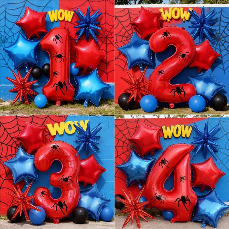 Spider Theme 32 Inch Number Aluminum Balloon with Stickers & Star Balloons, Balloon Party Supplies, Ideal for NewYear, Birthdays, Superheroes, Festivals