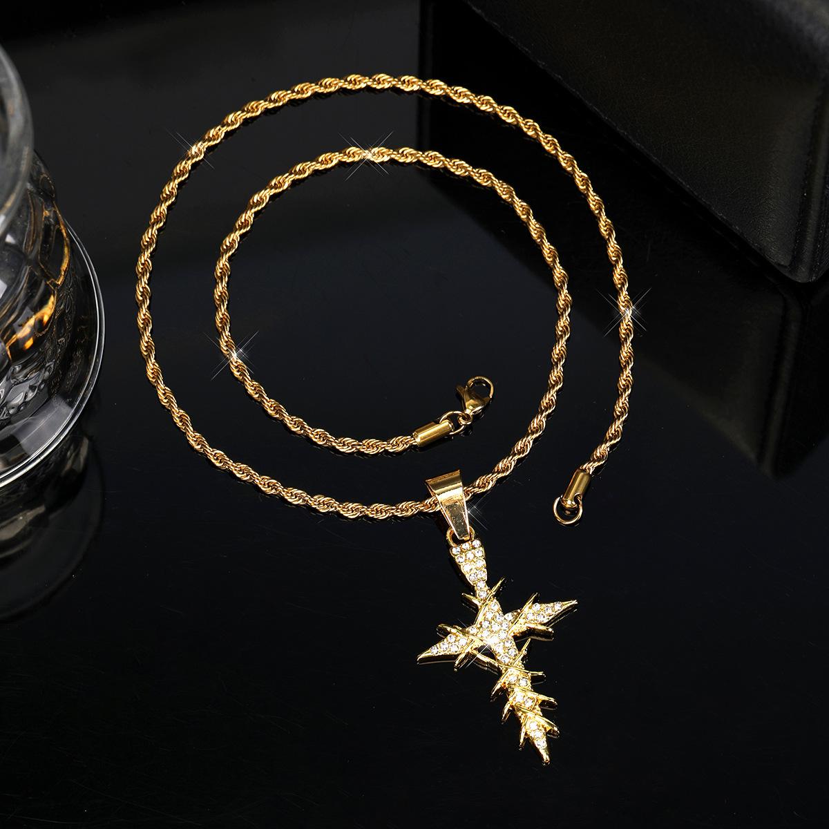 Popular hip-hop style dynamic and sparkling cross pendant necklace with twisted chain, simple alloy design