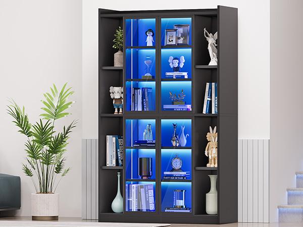 SEDETA 64 Inch Display Cabinet with Glass Doors 6 Tier Tall Bookcase with LED Lights Curio Cabinet with Adjustable Shelves