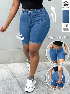 Light Blue Washed High Waist Stretch Denim Bike Shorts Women, Slim Fit Butt Lifting Straight Leg Mid-Length Pants, Summer Casual Versatile Style