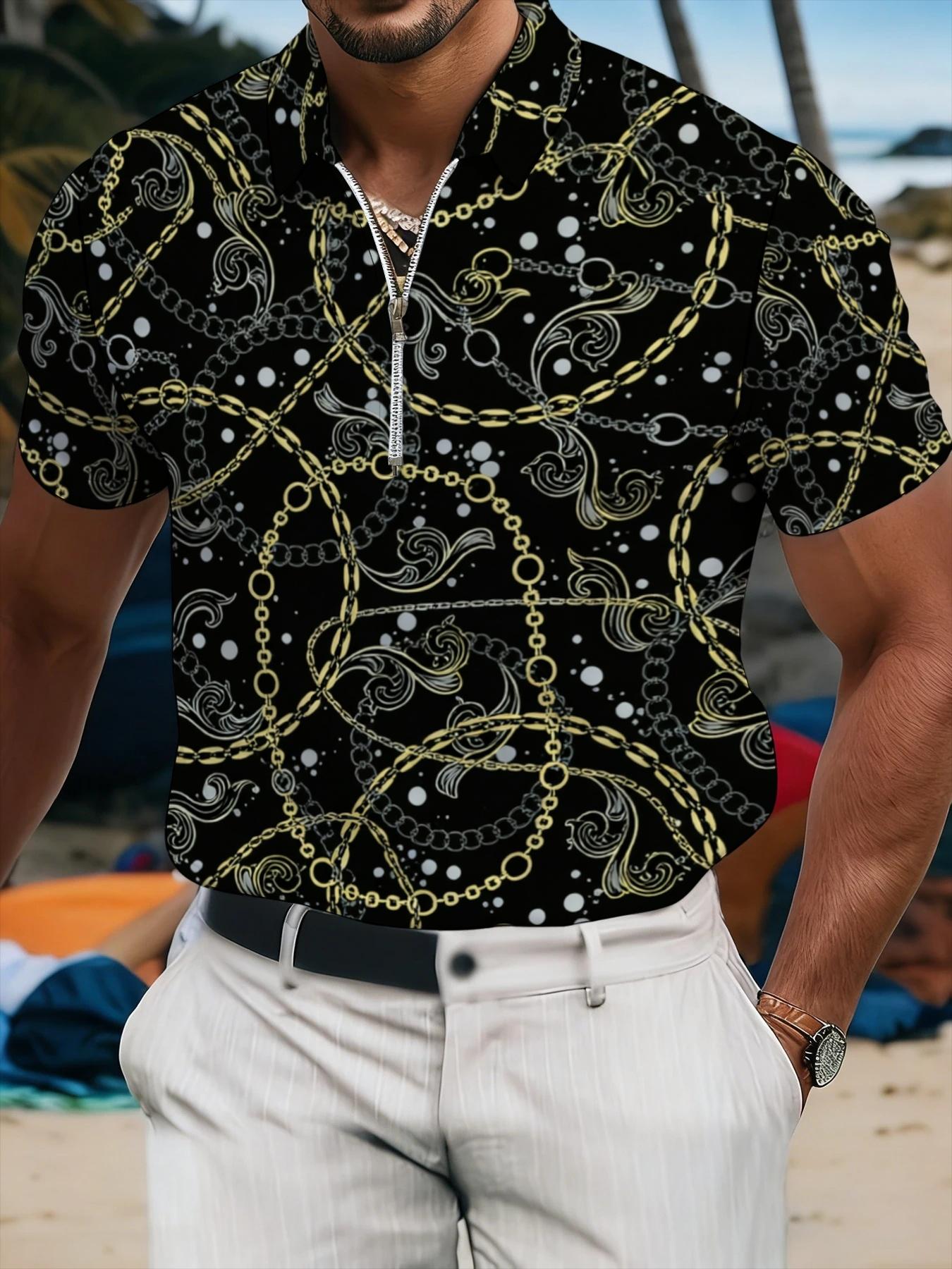 Men's Black Short Sleeve Zip Polo Shirt Gold Chain Pattern Print Fashion Casual Top