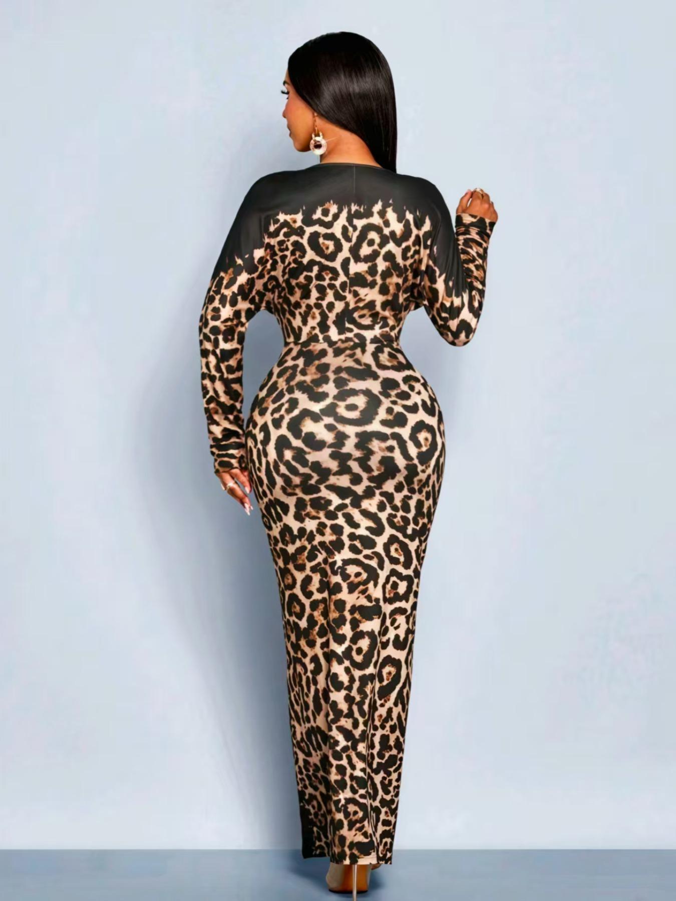 Deep V Leopard Print Patchwork Long Dress Fit, Long Sleeve High Slit Bodycon Skirt, Hot Girl Party Dress A3092 Womenswear