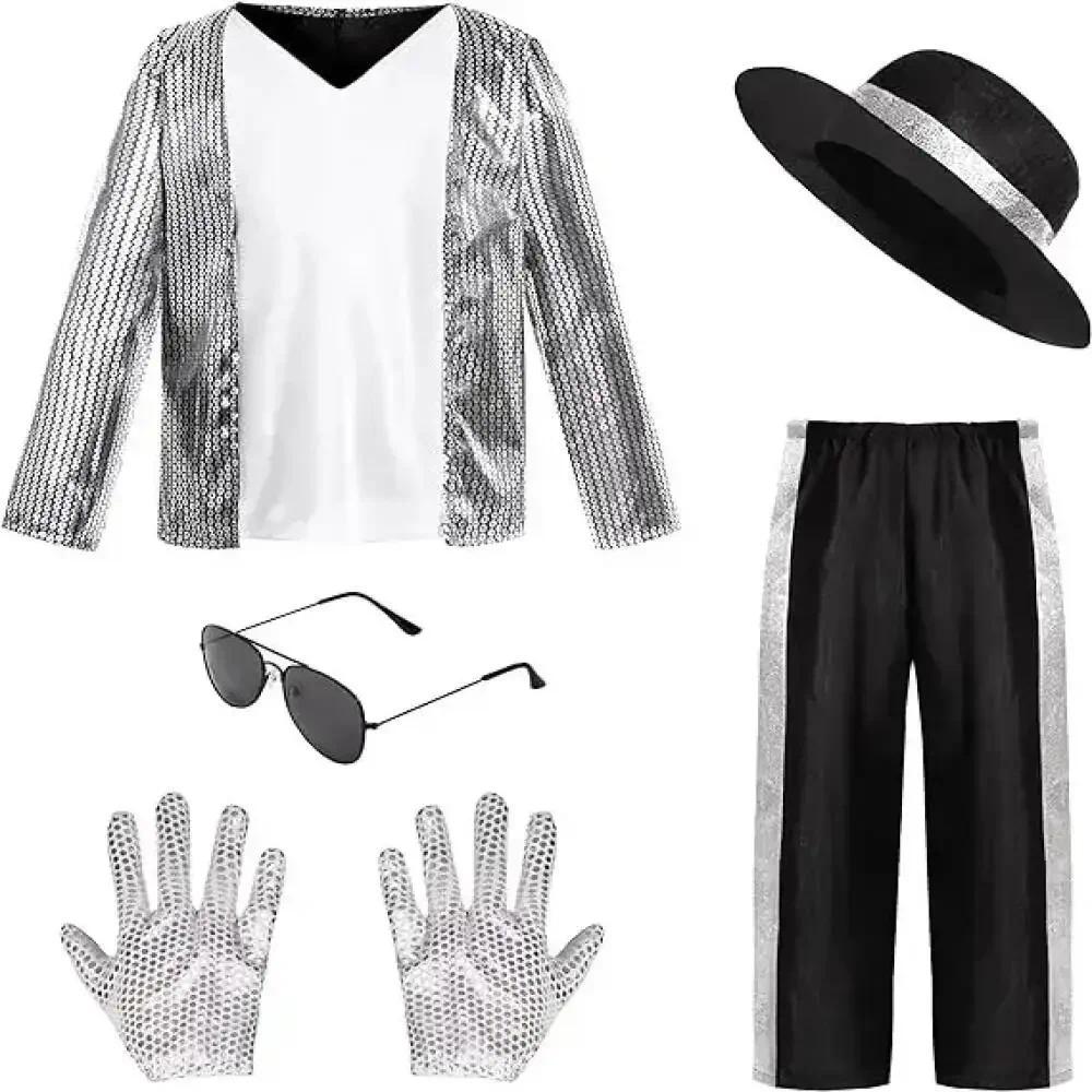 Kids Boy  Billie Jean Cosplay Black Suit Dance Disco Halloween Fancy Dress Up 80s Pop King Costume for Top Pants