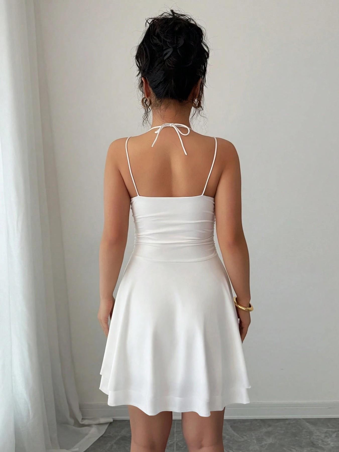 French Style Sexy Slim-Fitting Ruched Dress, Plain Color Backless Party Gown, Perfect for Graduation Season, Women's Elegant Clothing