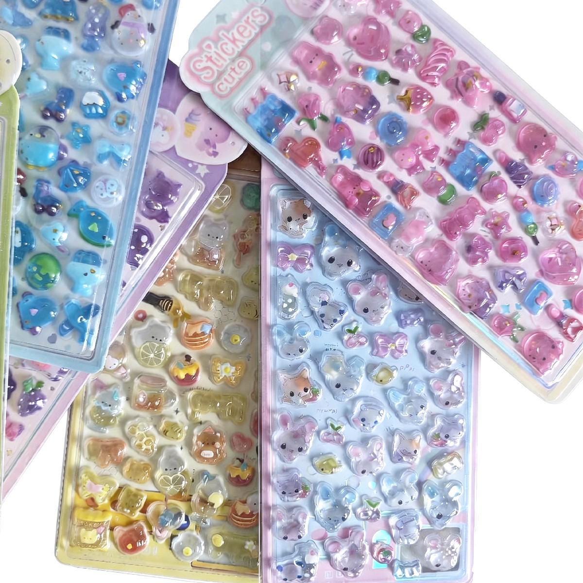 Cartoon 3D Embossed Crystal Sticker, Mixed Color Resin Self-Adhesive Decal, DIY Decoration for Journals, Phone Cases, Notebooks, Semi-Bulk Gifts, Mobile Phone Accessory, Cellphone Accessory