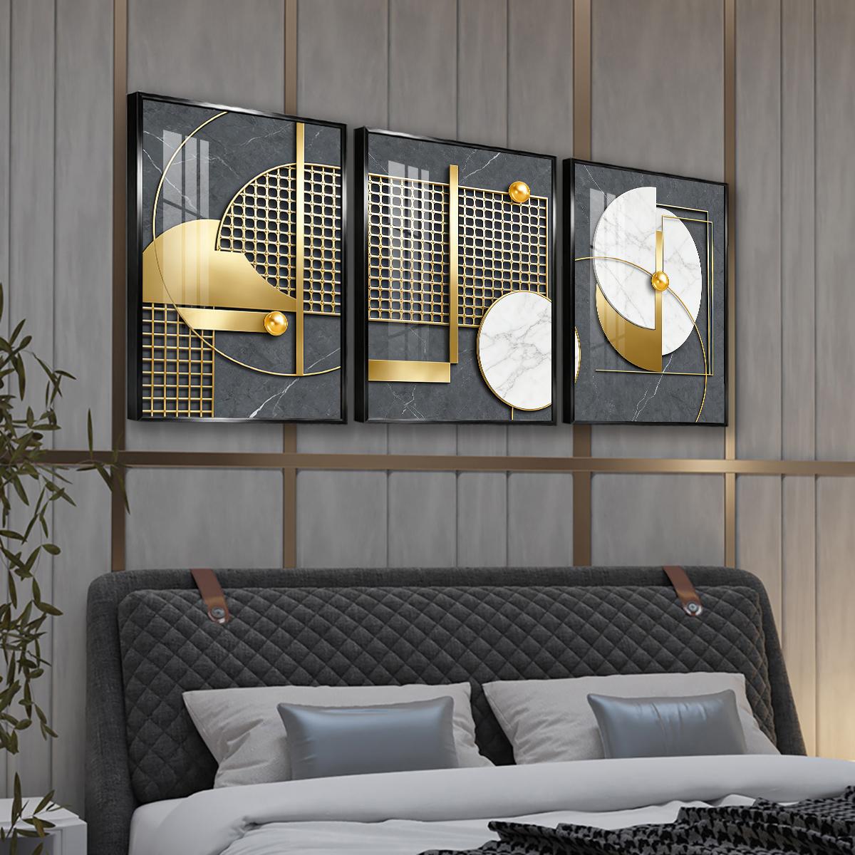 3 Counts Aluminum Alloy Framed Painting, Geometric Gold And Marble Abstract Art, Home Decoration For Living Room, Bedroom, Office, Restaurant, Hallway Wall Decor, Odorless Print Artwork, Luxury Perfect Gift For Friends And Family