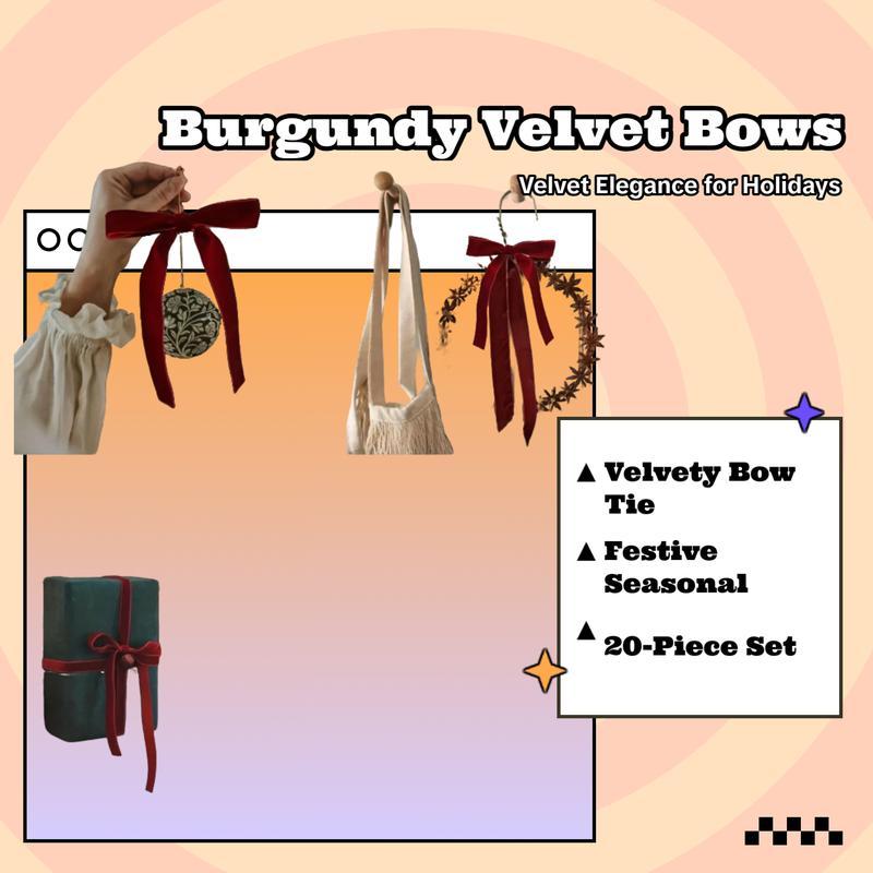 20 Pieces Christmas Tree Decoration Burgundy Velvet Bows - Holiday Holiday Garland Ties, Soft Fabric Ribbons, Suitable for Elegant Tree Decorations, Perfect for Christmas, Thanksgiving and New Year Celebrations