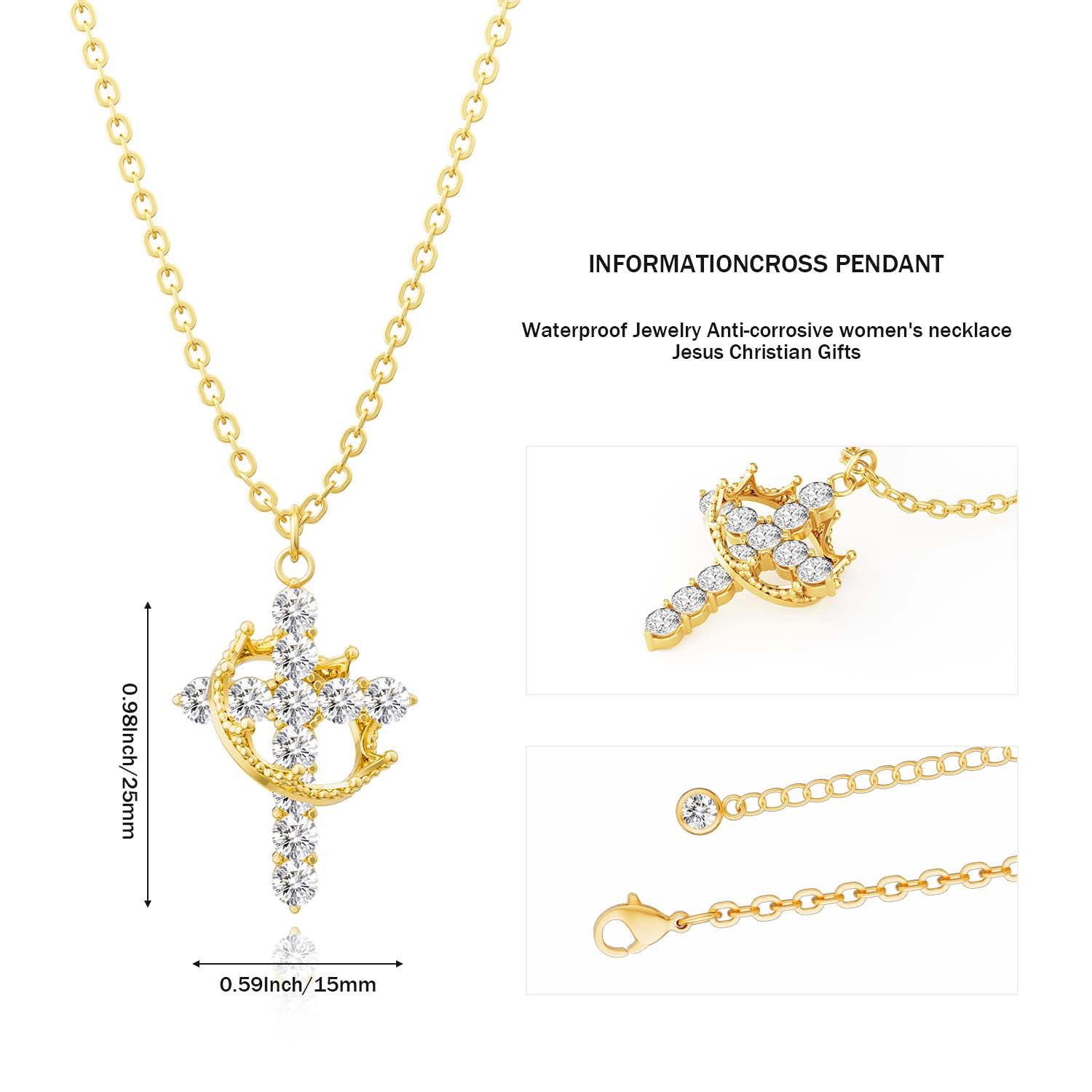 Moodear Women's Gifts for Women Gold Layered Crown Cross Pendant Necklace Simple Cubic Zirconia Gold Necklaces Faith Cross Jewelry