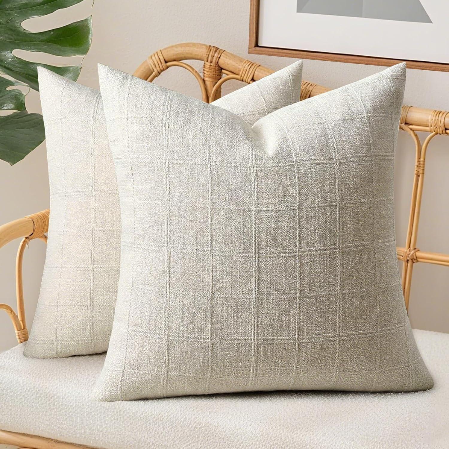 2Pcs Throw Pillow Covers Plaid Neutral Farmhouse Vintage Decorative Pillow Cover 45x45cm Square Boho Modern Pillowcase for Sofa Couch Living Room