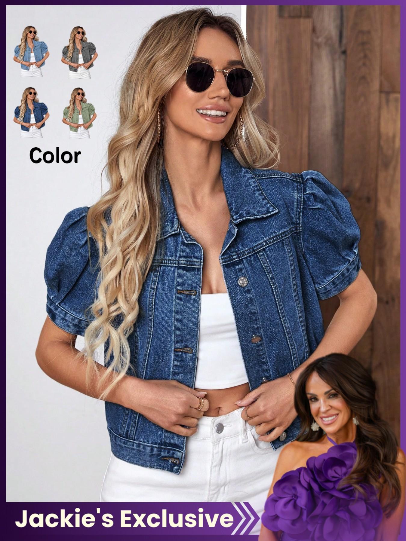 【Jackie's Exclusive】Women's Vintage Bubble Sleeve Denim Jacket, Summer Thin High Waist Crop Top, Casual Fashionable Short Jean Coat for Women