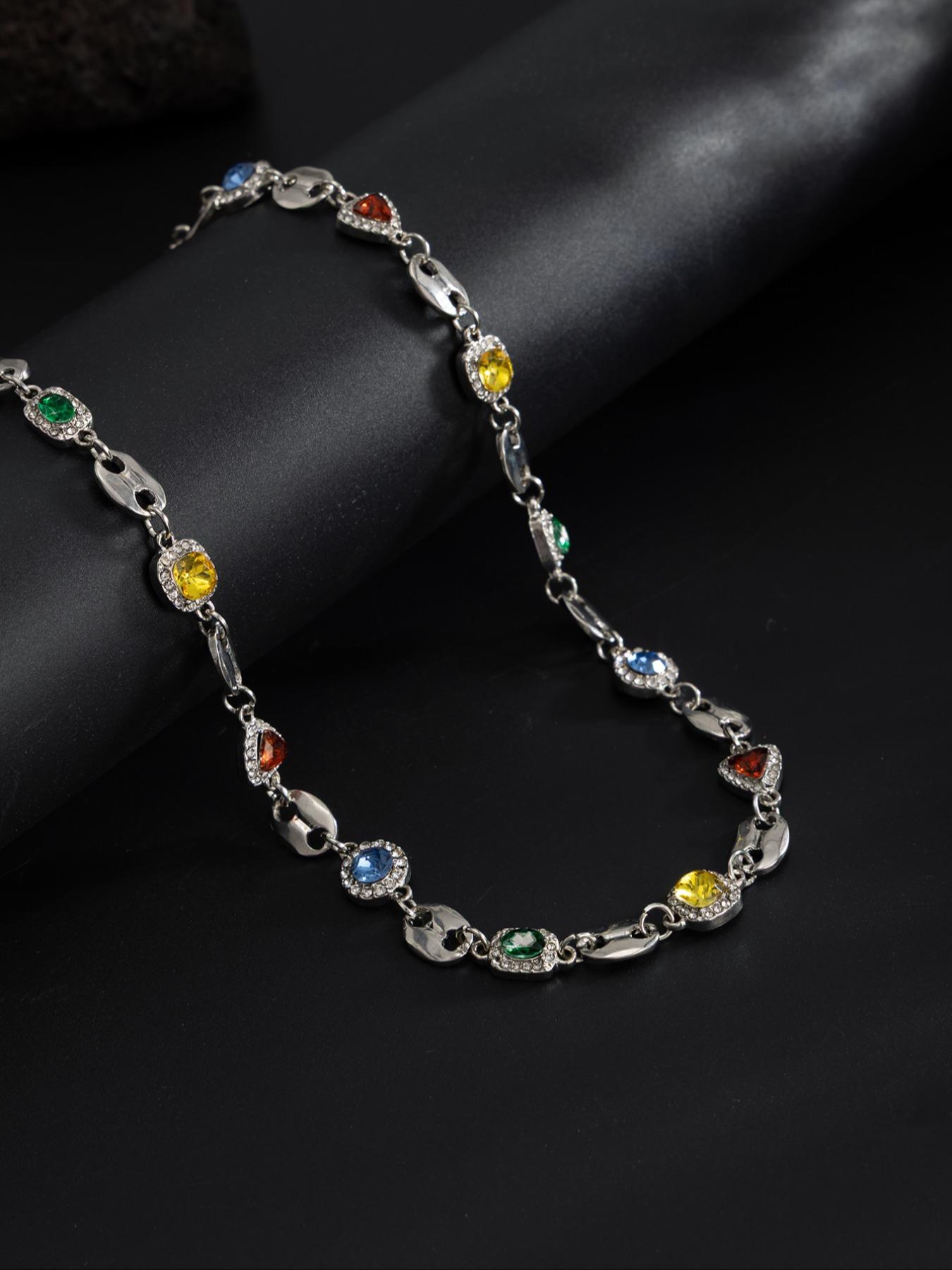 Men's Colorful Gemstone Necklace with Rhinestones, Elegant Rhinestone Necklace, Casual Jewelry for Daily Wear, Party & Holiday Accessories