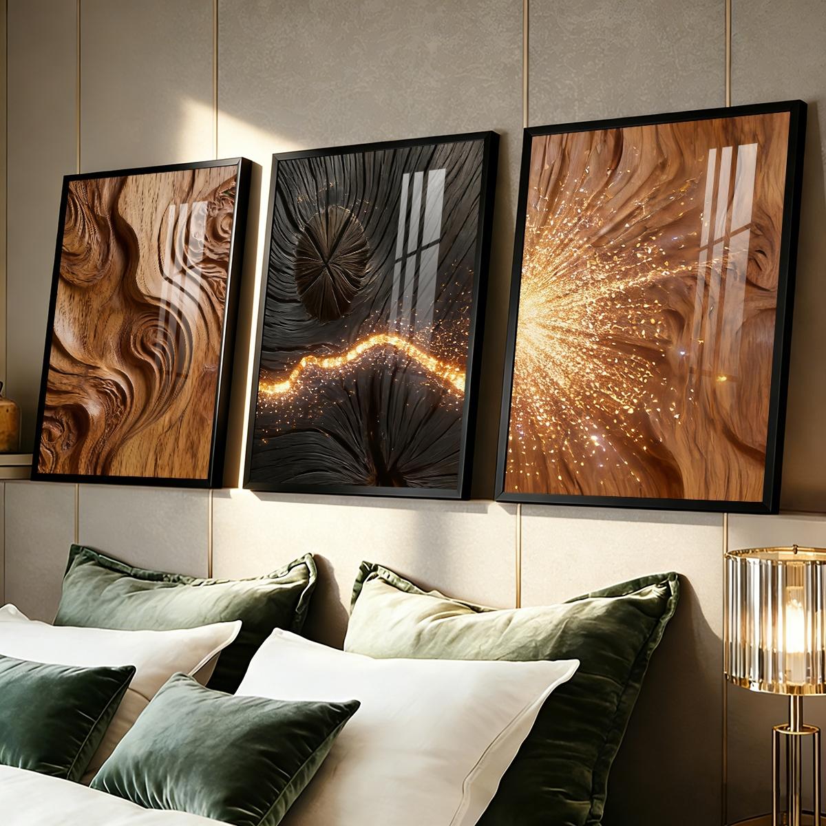 3 Counts Aluminum Alloy Framed Painting, Abstract Wood Texture And Golden Spark Art Pictures, Home Decoration For Living Room, Bedroom, Office, Restaurant, Hallway Wall Decor, Odorless Print Artwork, Luxury Perfect Gift For Friends And Family
