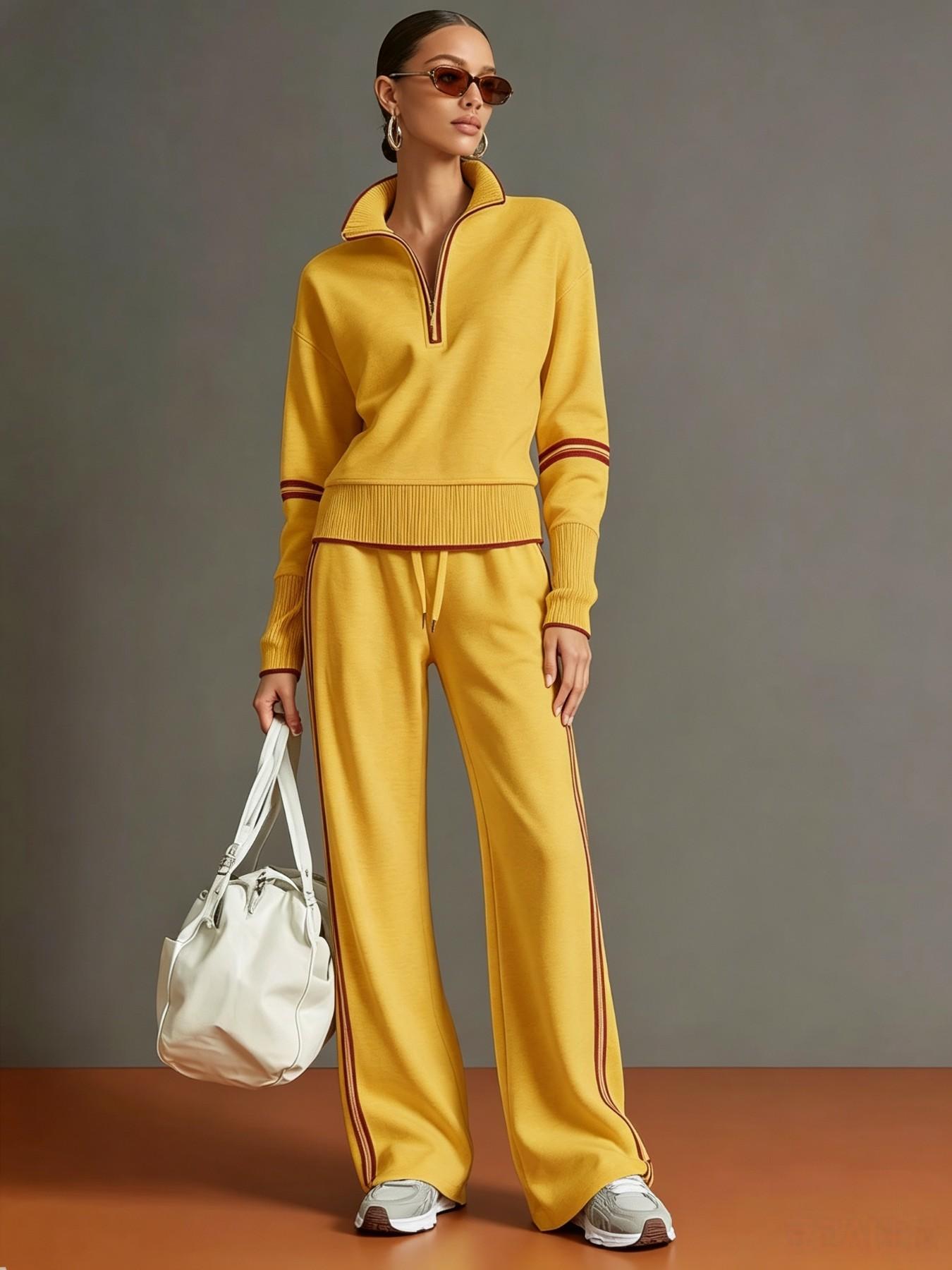 2026 New Casual Sports Set, European and American Fashion Style, Colorblock Stand Collar Sweatshirt, Wide Leg Pants Two Piece Set