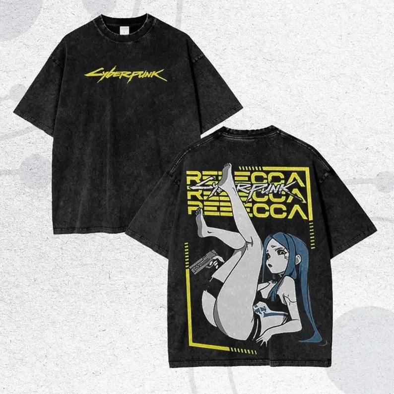 Unisex Vintage Washed Double‑Sided Cyberpunk Anime Graphic T‑Shirt, Yellow Neon Futuristic Character Text Print Crew Neck Short Sleeve Tee, Loose Streetwear Top for Anime Convention, Casual Hangout, Match with Chain Necklace & Trucker Hat