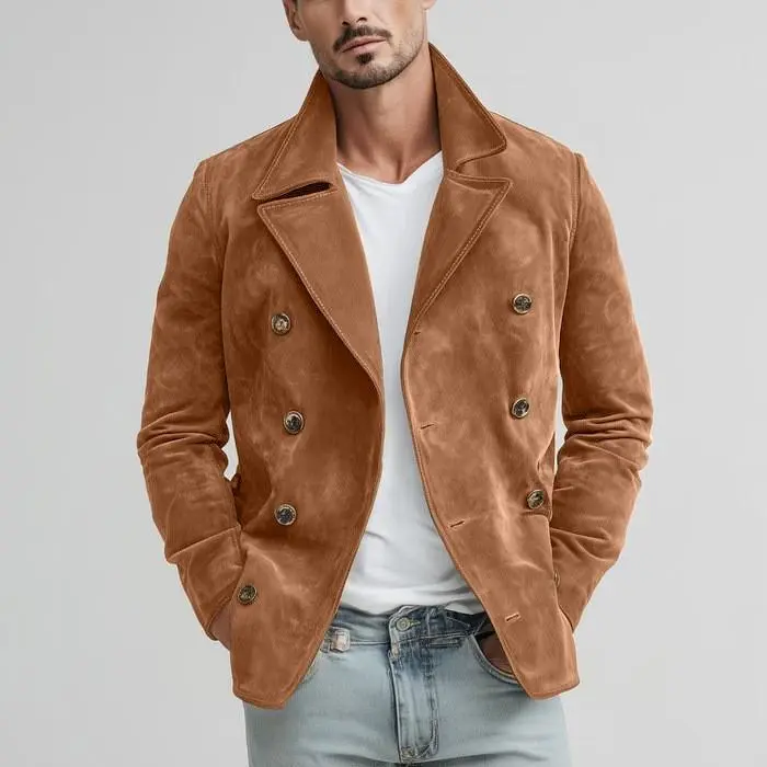 Men's Double Breasted Faux Suede Jacket Notched Lapel Long Sleeve Casual Blazer Coat Vintage Retro Fashion Outerwear with Side Pockets for Daily Street Business