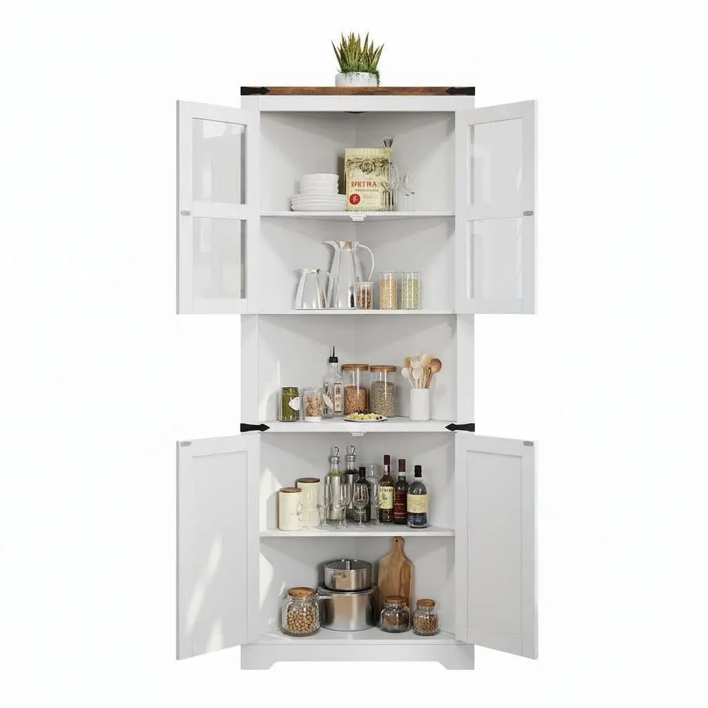 67-inch Tall Corner Storage Cabinet with Lights, Farmhouse Style Hutch Display Cabinet with Glass Doors and Wooden Organizer, Available in White, Brown, Natural, and Washed Grey for Kitchen, Living Room, or Bathroom