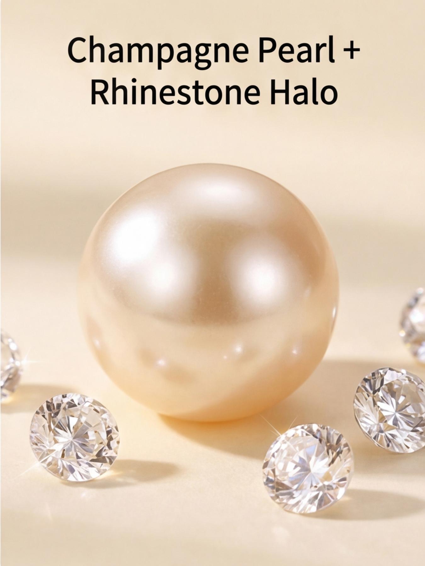 Women's Hypoallergenic Classic Champagne Pearl Stud Earrings, Gold Plated Flower Halo Rhinestone Inlaid Dainty Timeless Earrings, Fashion Jewelry for Everyday Wear Office Wedding & Gift