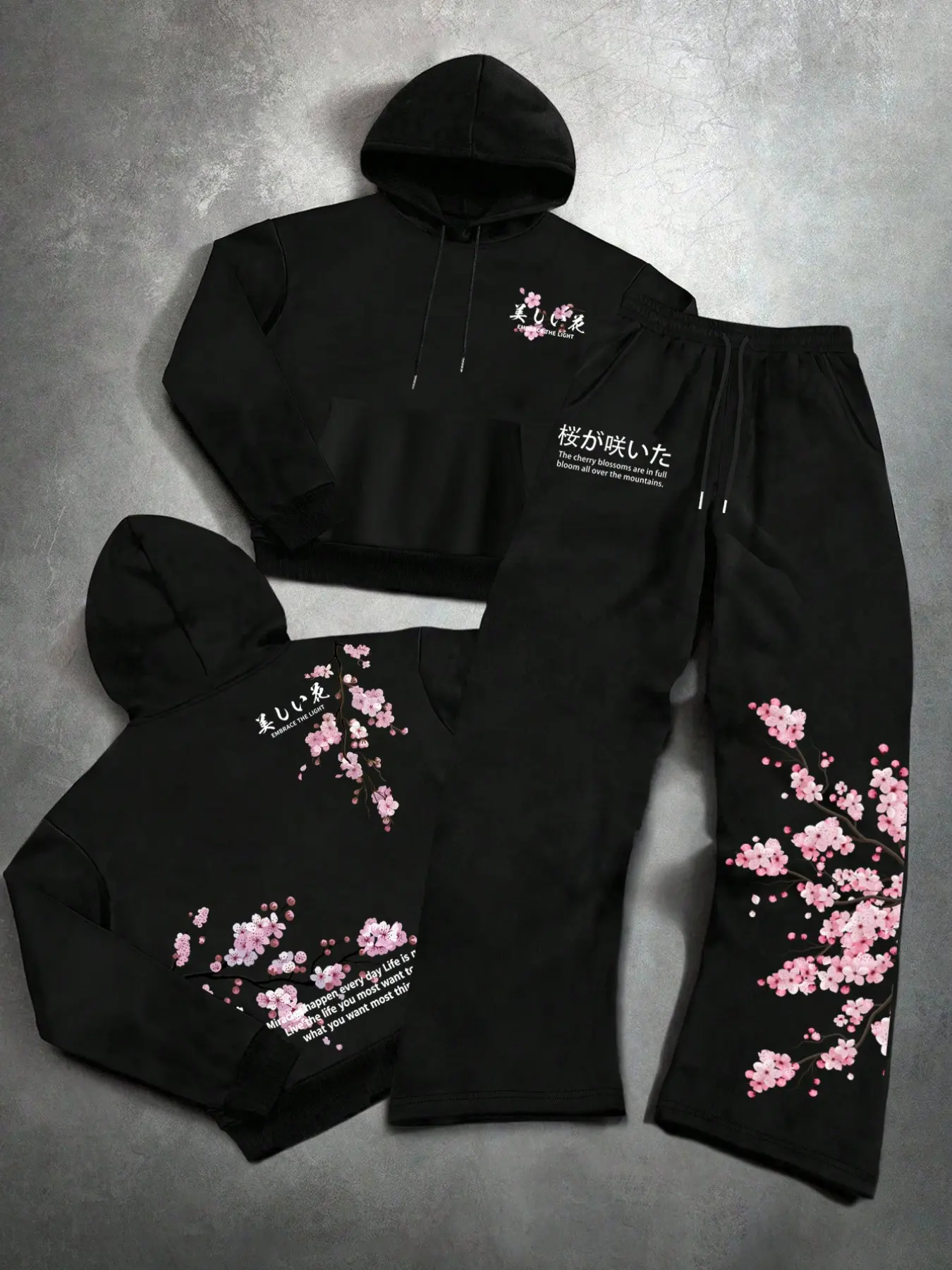 Men's 2-Piece Fashion Casual Set with Cherry Blossom Hoodie and Drawstring Wide Leg Pants, Loose Fitting for Spring & Fall Sports Wear