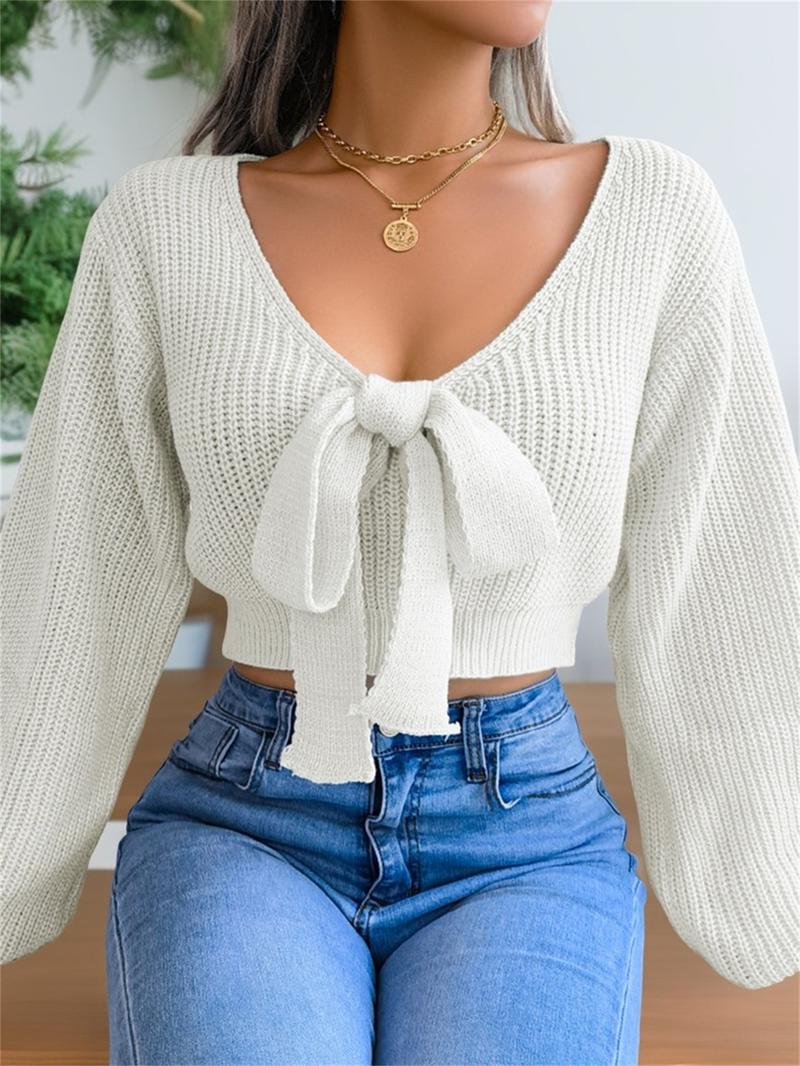 Women's Plain Bow Decor Tie Front Crop Sweater, Casual Chic Bishop Sleeve V Neck Jumper for Fall & Winter, Women's Knitwear for Daily Wear Women's Plain Bow Decor Tie Front Crop Sweater, Casual Chic Bishop Sleeve V Neck Jumper for Fall & Winter, Women's Knitwear for Daily Wear