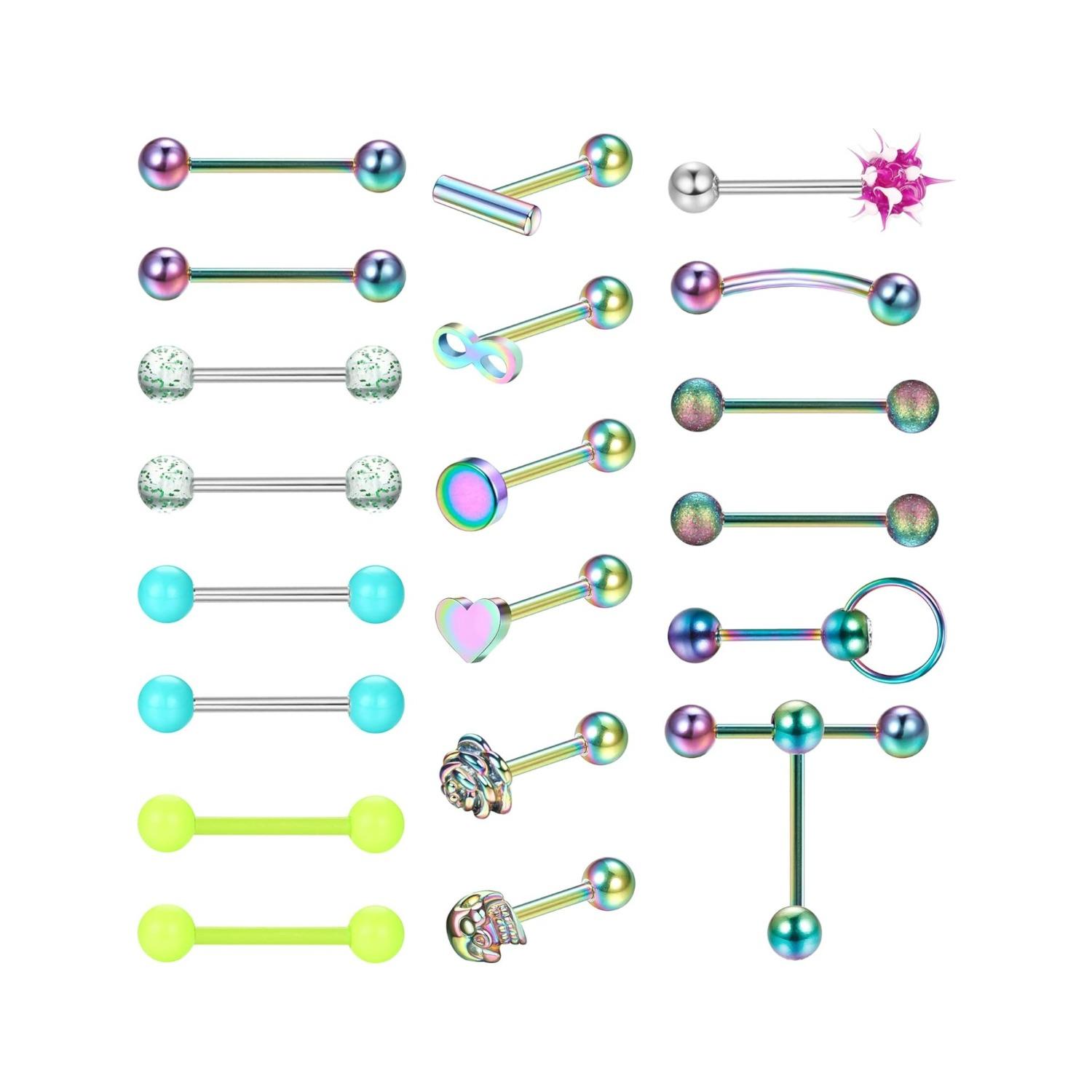 20Pcs 14G Tongue Rings for Women Men 316L Stainless Steel Skull Heart Tongue Piercing Jewelry