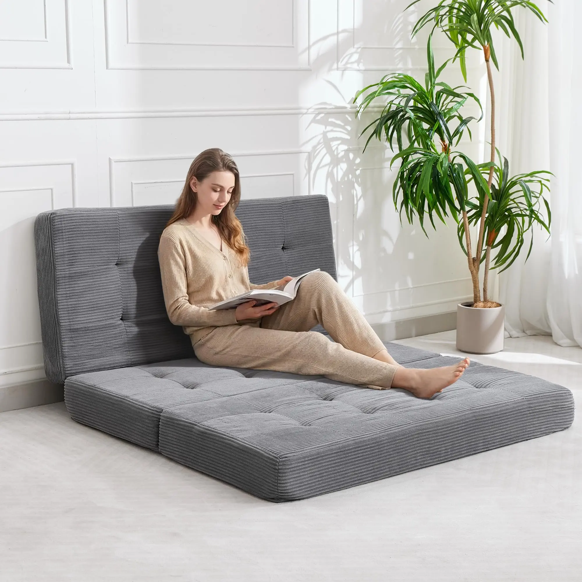 Twin‑Size Tri‑Fold Folding Floor Mattress Sofa Bed, 6" Portable Guest Futon, Tufted Chenille & Corduroy Cover, High‑Density Foam, Multi‑Use Floor Sofa for Bedroom, RV & Camping, Grey / Green