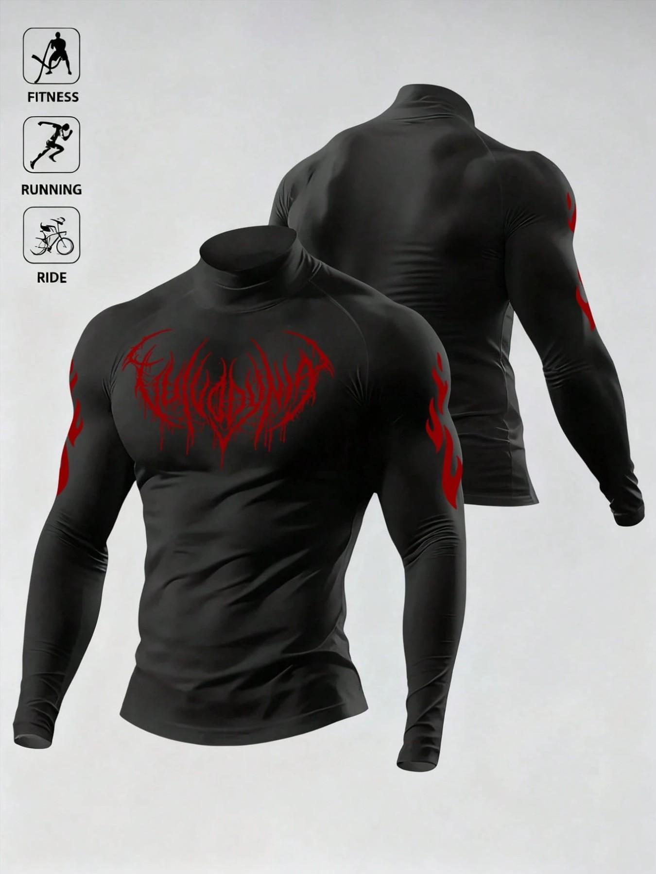 Men's Breathable Fitted Long Sleeve Compression Sports T-Shirt with High Neck Design, Fitness Long Sleeve T-Shirt