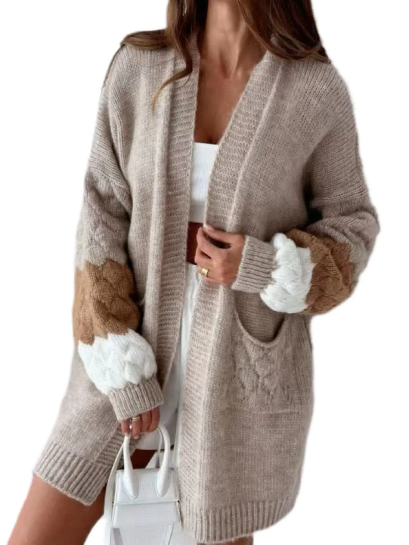 Women’s Balloon Sleeve Chunky Colorblock Cardigan Sweater – Soft Open Front Coat with Pockets