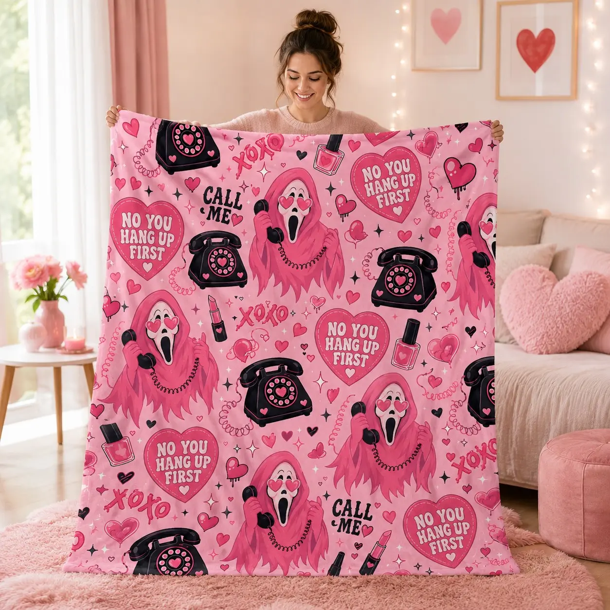 Scream Ghost Face Pink Valentine Printed Flannel Blanket, Retro Telephone Heart Horror Throw for Bed and Sofa