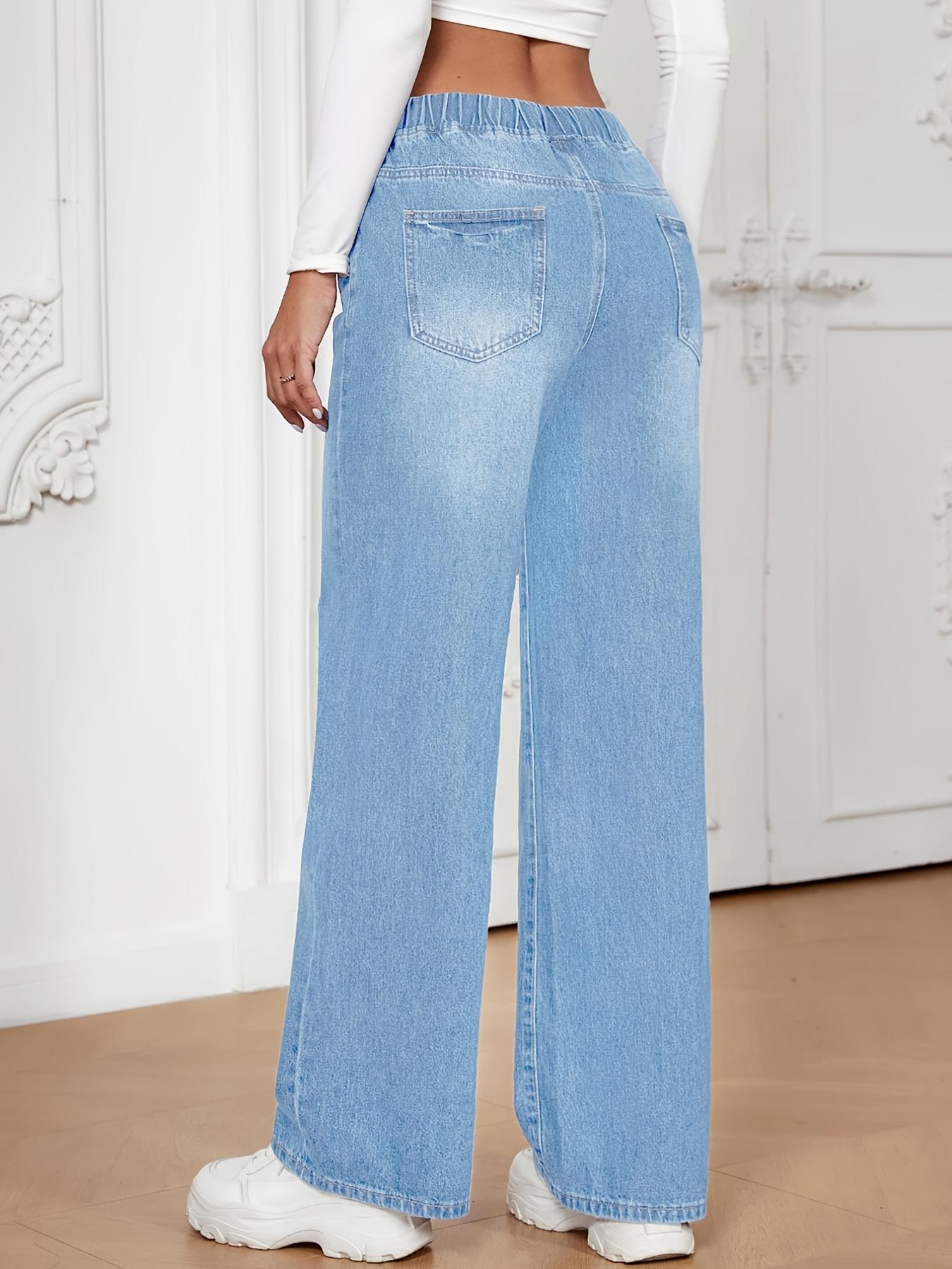 Women's Sky Blue Printed Straight-Leg Jeans - Smooth Denim with Medium Stretch & Elastic Drawstring Waistband, Machine Washable All-Season Casual Pants, Floral Print Design