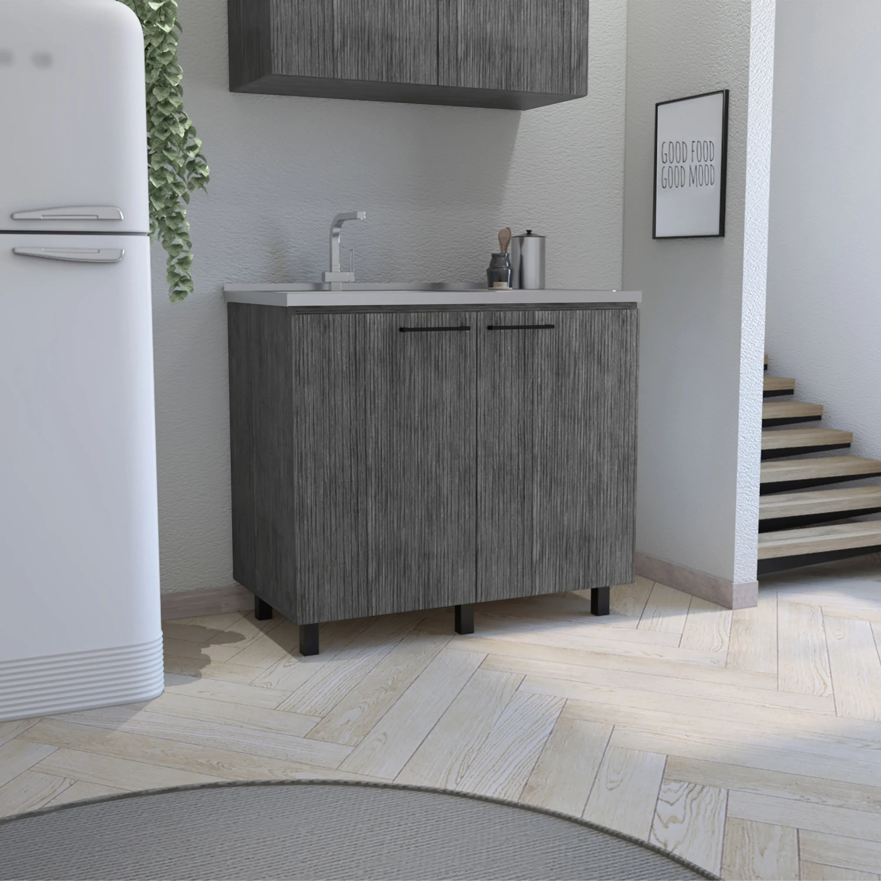 Napoles 2 Utility Sink with Cabinet, Stainless Steel Countertop, Interior Shelf, Gray Particle Board, Modern Kitchen Storage, 39.4 x 20.7 x 35 in