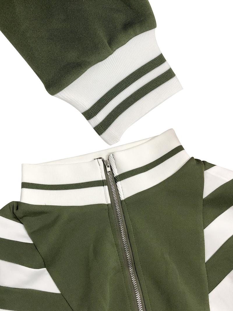 Women's Colorblock Print Zip Up Crop Jacket & Pants Two-piece Set, Casual Matching Set, Casual Fashion Cozy Breathable Two Piece Outfits for Daily Outdoor Wear, Women Clothes for Fall & Winter