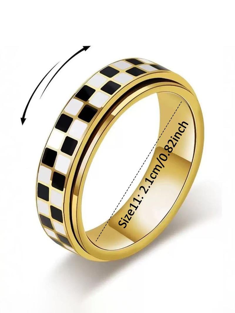 Stainless Steel Checkered Rotating Stress Relief Adjustable Ring, Unisex Casual Daily Wear, Simple Chessboard Design Jewelry