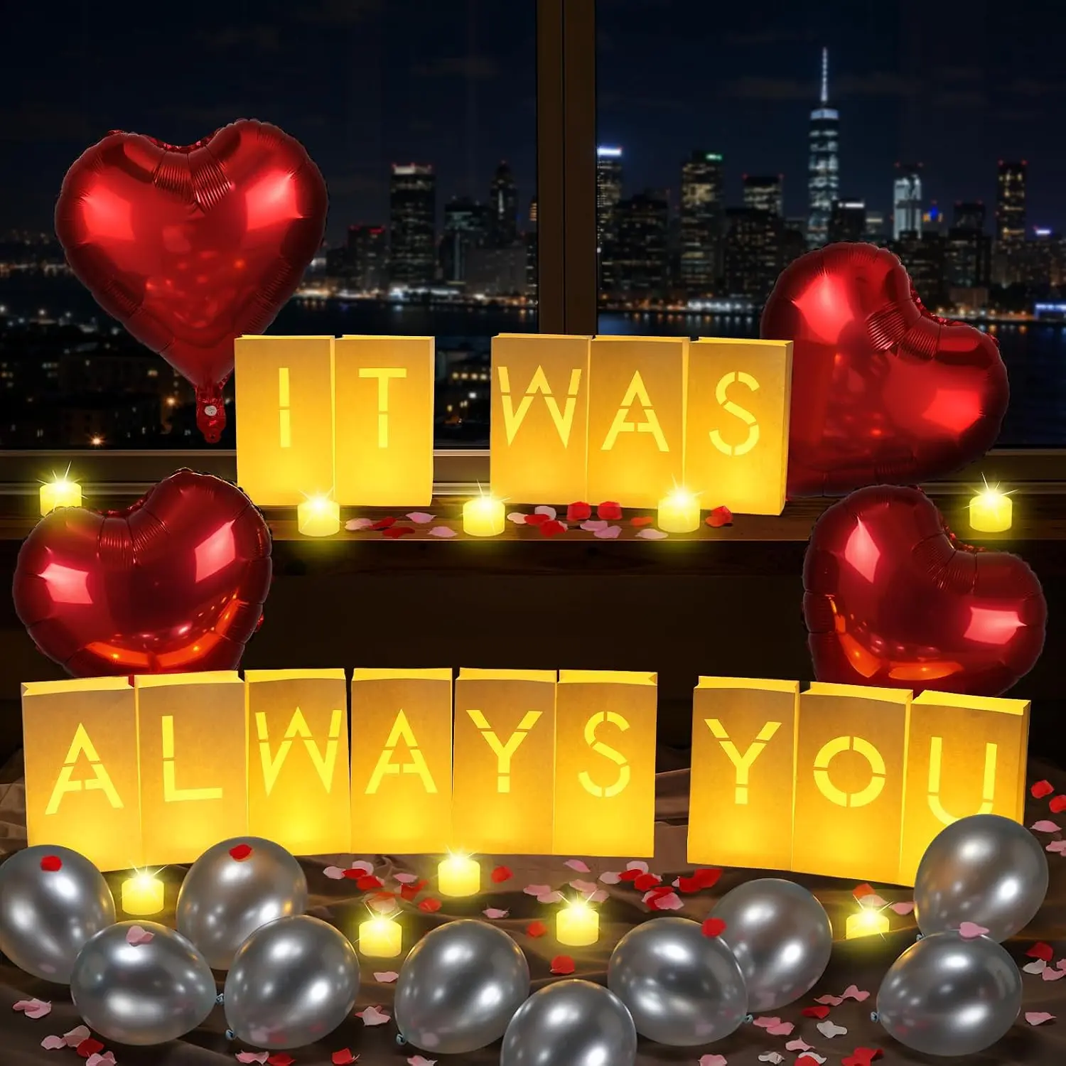 Luminary Bags with LED Candles Light Up Letters - IT WAS ALWAYS YOU | 30 count 6H Flameless Candles, Heart &  Balloons, 2000 Rose Petals, Engagement Anniversary Decorations Ideal for Men Women