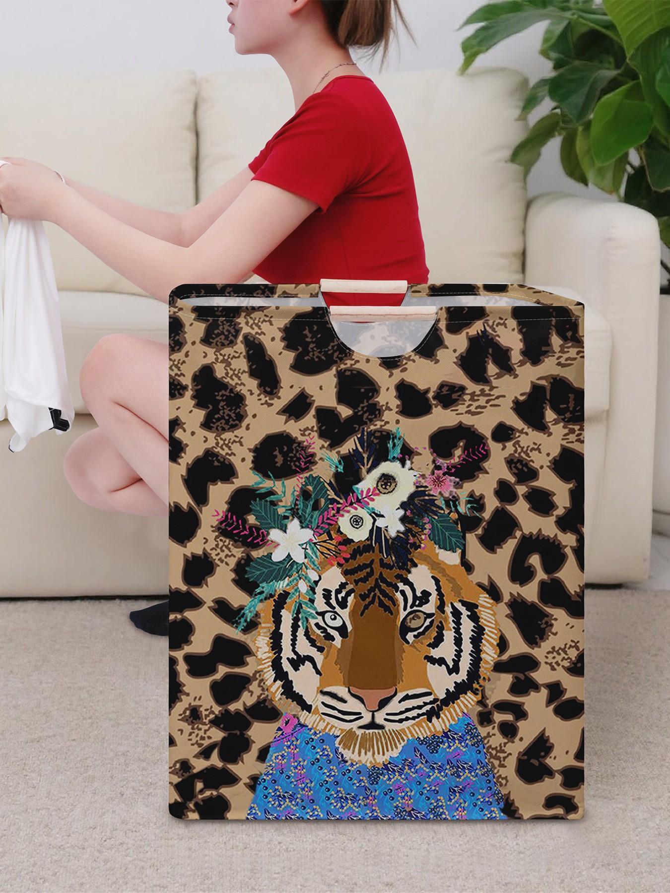 Tiger Pattern Open Storage Box, Foldable Laundry Basket with Handle, Random Print, Casual Home Bathroom Organizer