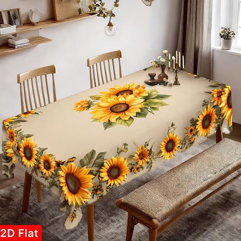 2D Flat Party Tablecloth 1pc, Sunflower Print, Floral Edge Design, Festive Outdoor Decor, No Power Needed, Perfect for Parties and Patios