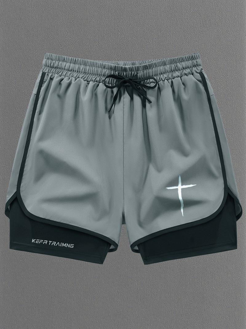 Men Women Regular Fit 2-In-1 Drawstring Waist Sport Shorts, Summer Pocket Print Casual Half Yoga Exercise Shorts, Fashionable Daily Wear