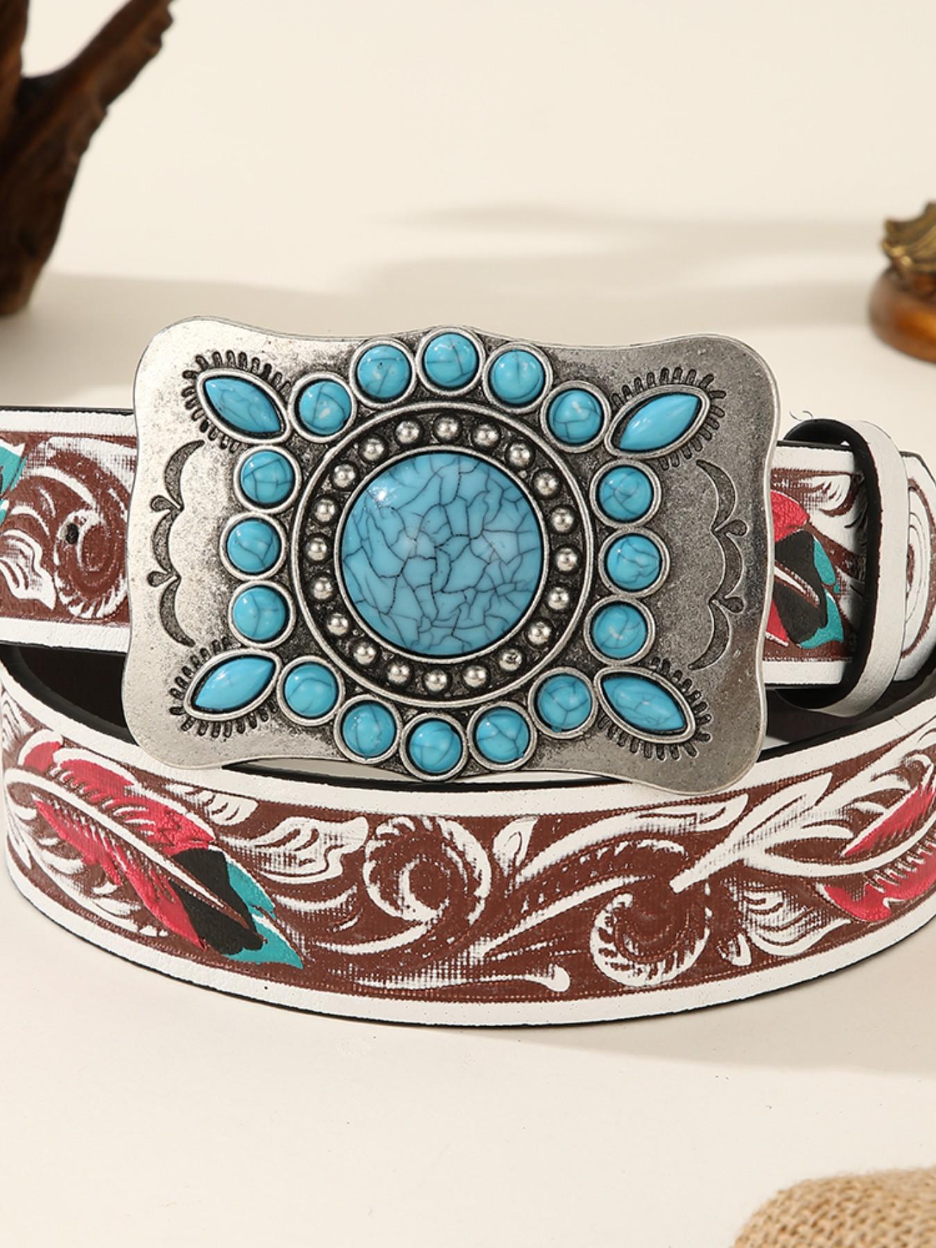 Wide Belt for Women, Vintage Court Style, Sapphire Inlaid Oval Western Buckle, Pants Waist Belt, Cross-Border Fashion Accessory