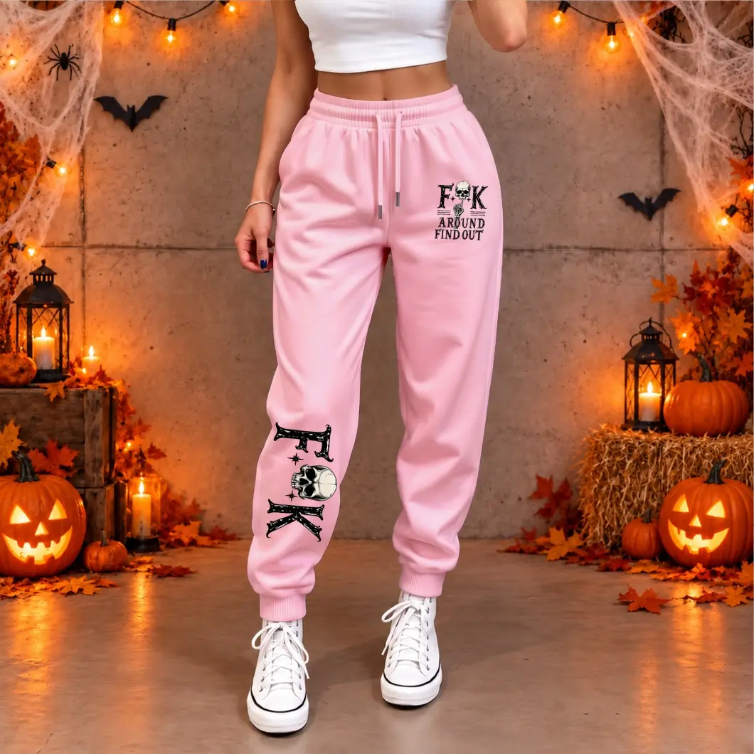 Women’s Fuck Around And Find Out Print  Sweatpants With Drawstring, Elastic Waist Loose Fit Jogger Pants With Pockets, Casual Comfy Athletic Pants For Gym, Travel And Daily Wear