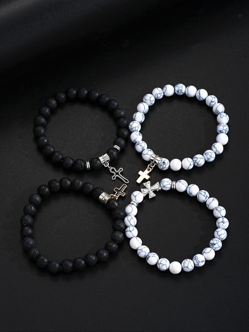 Men's Vintage Cross Charm Beaded Bracelet, Fashionable Jewelry for Party, Daily Clothing Decor, Trendy All-match & Exquisite Jewelry for Birthday Gift, Cross Beads Bracelet