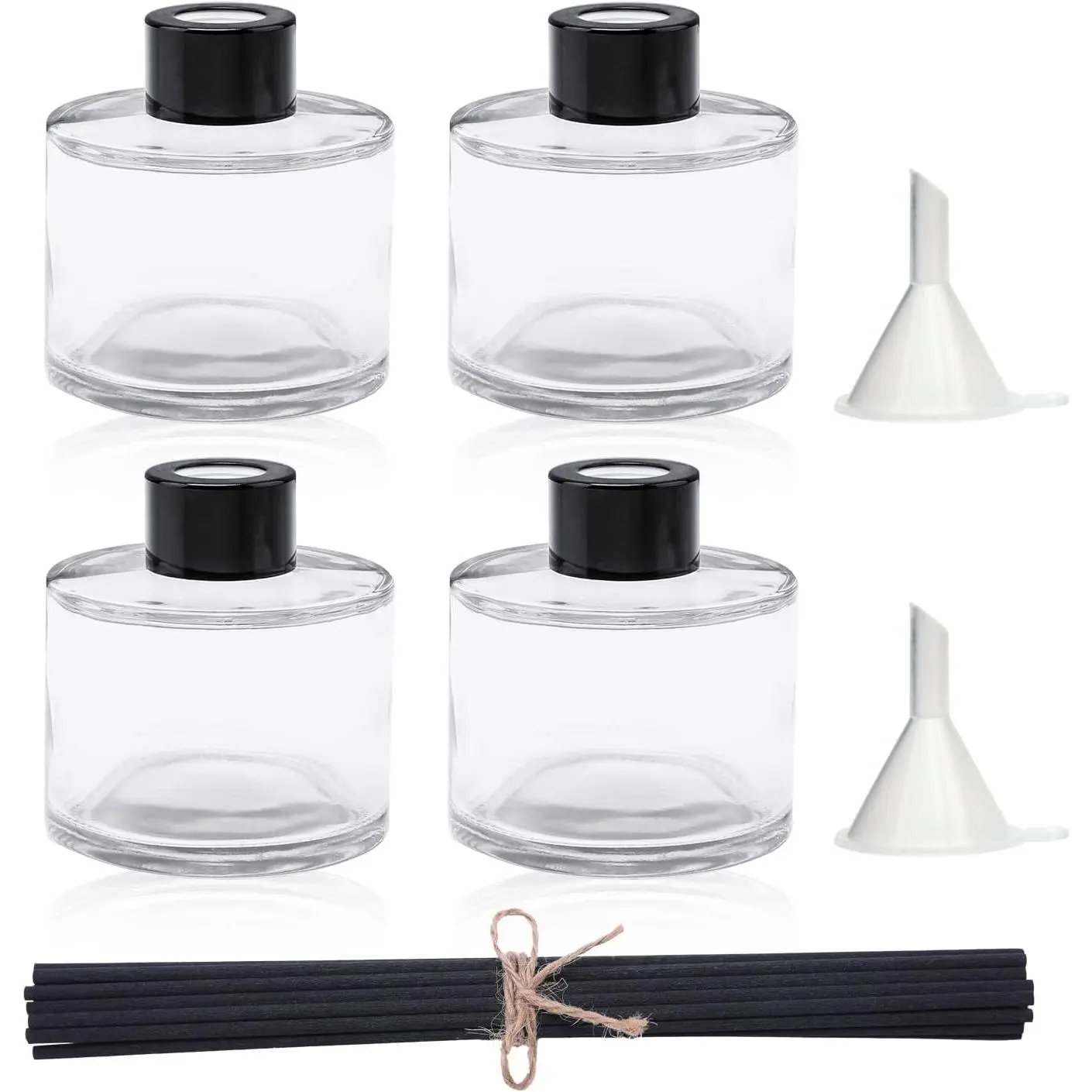 Refillable Glass Aromatherapy Diffuser Bottles 100ml with 20 Reed Sticks, Black Caps & Funnel - Home Fragrance Gift Set for Women