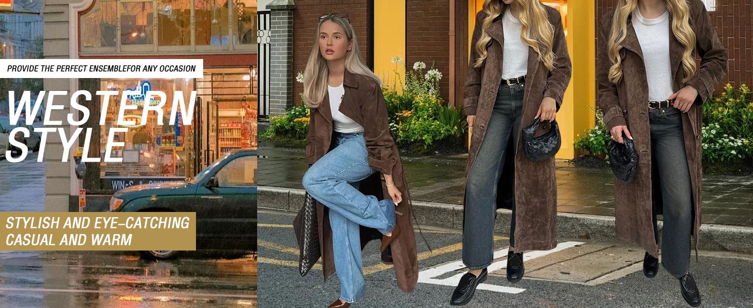 utcoco Women's Faux Suede Long Trench Coat Notched Lapel Double-Breasted with Belt Casual Fitted Outerwear Jackets Tops for Autumn & Winter SpringStatements