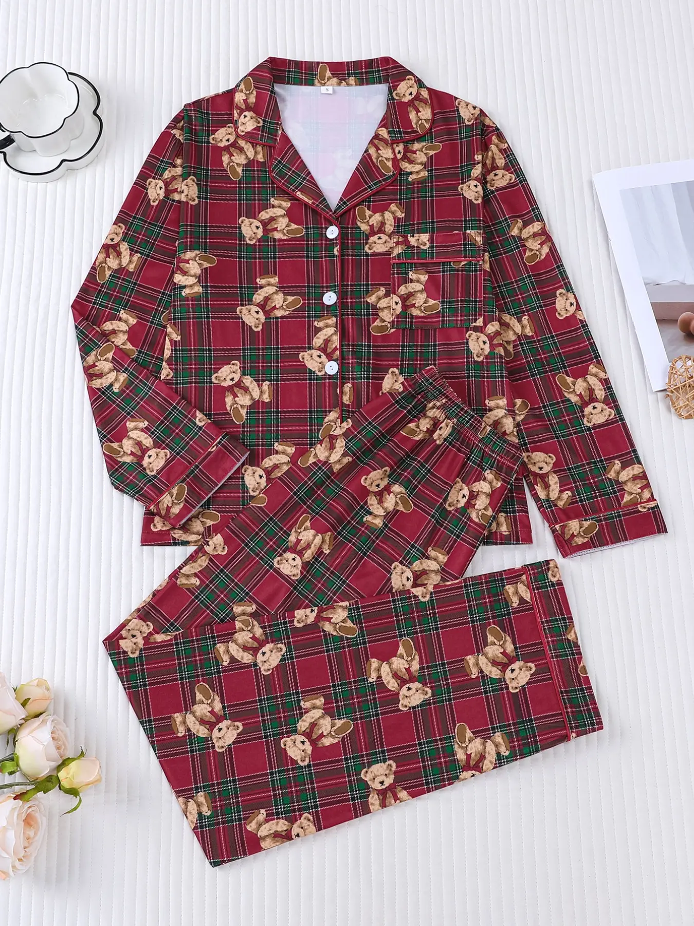 Women's 2-piece pajama set, red and green plaid with cute teddy bear all-over prints. Retro cozy casual girl style. Long sleeve lapel top with pocket, elastic waist long pants, soft comfy loungewear Pjs for all-season daily wear