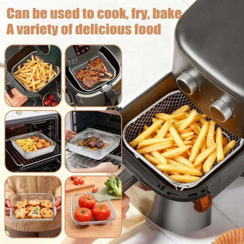 3-Piece Stainless Steel Dehydrator Rack Set, Stackable 8-Inch Square Air Fryer Rack with Silicone Feet, Oven & Deep Frying Safe