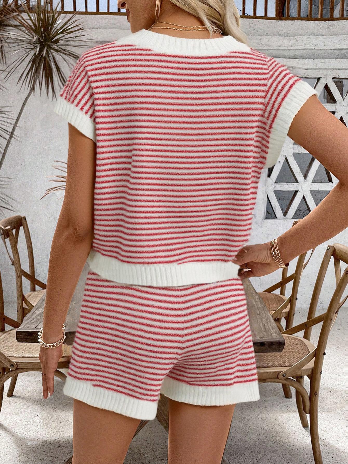 Elegant Women's Spring Summer Fashion Casual Home Leisure Weekend Holiday Travel Beach Vacation Solid Knit Striped Ribbed Hollow Round Neck Sleeveless Sweater Set