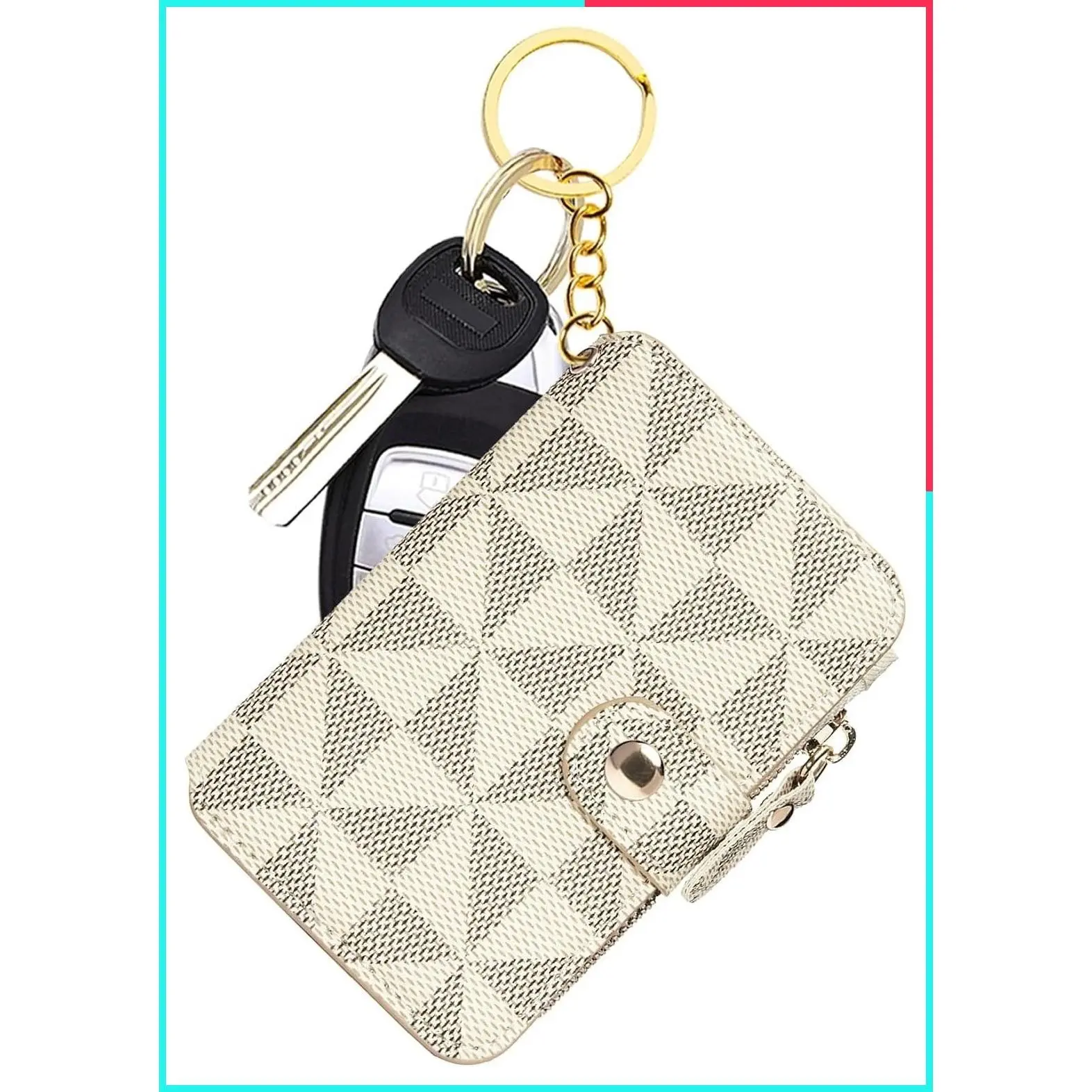 RFID Blocking Slim Card Holder with Key Ring for Women, PU Leather Mini Credit Card Case Wallet with Zipper Pocket