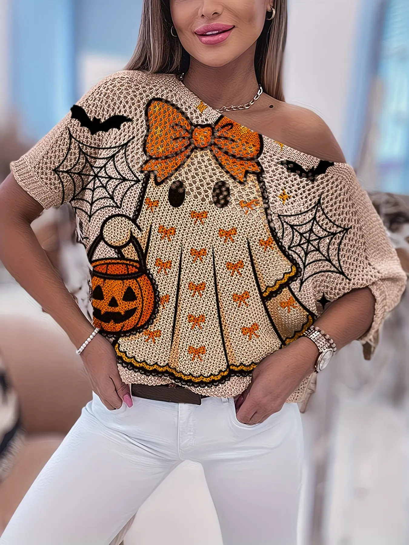 Women's Halloween Bat Sleeve Knit Top, Elegant Slim-Fitting Short Sleeve, Breathable Hollow Out Design, Beach Vacation Outerwear